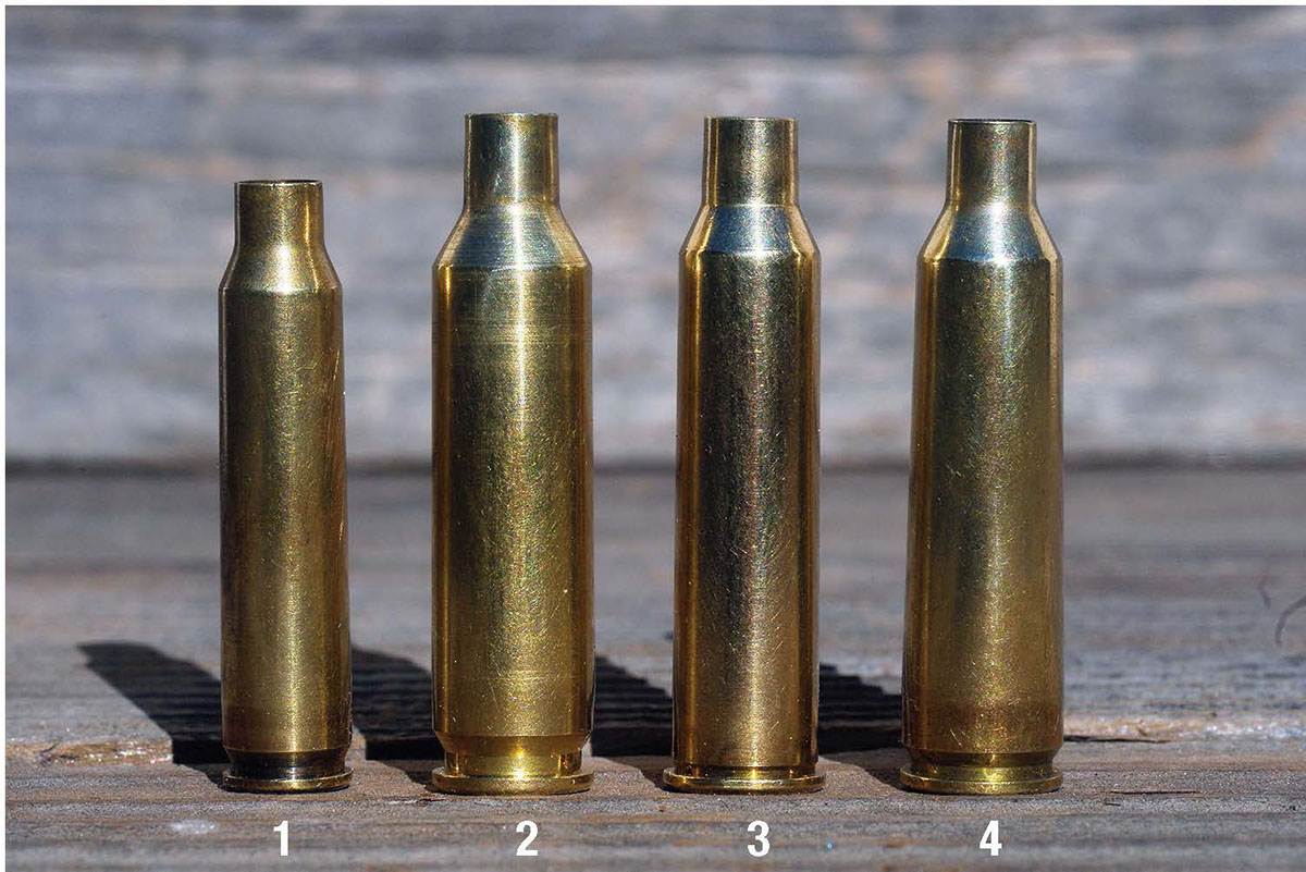 By way of comparison, the 6mm-225 (3) is shown next to three popular contemporary cases, the .223 Remington (1), the 6mm Creedmoor (2) and the .22-250 Remington (4). Even though it has a smaller case capacity, because it shoots slightly larger diameter bullets, it is capable of nearly equaling .22-250 performance with the same weight bullets.